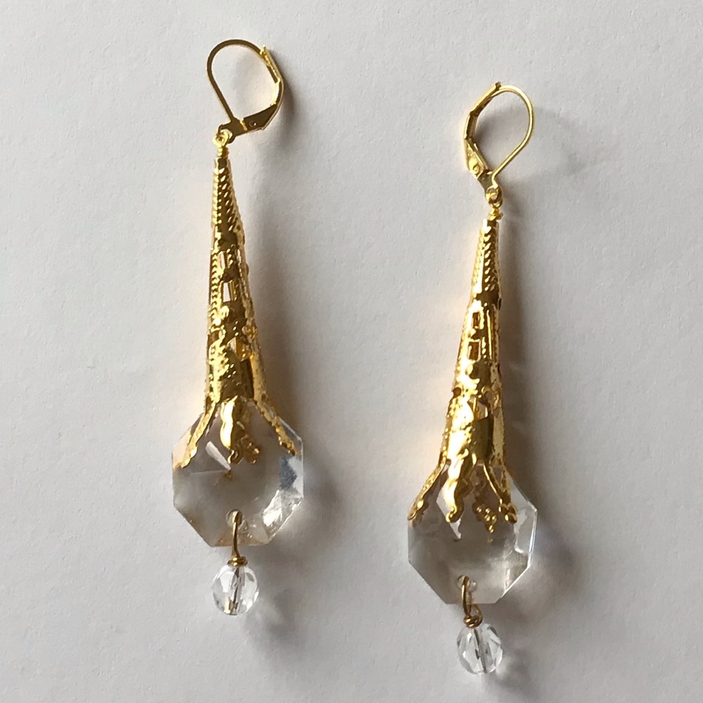 gold and repurposed glass drop lever back earrings